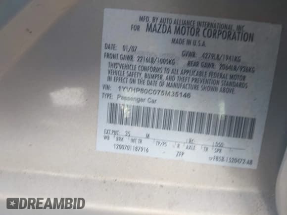 ✅ 2007 Mazda 6 i Sport VE • VIN: 1YVHP80C075M35146 • Лот: 42719231. Опубликован ранее на IAAI с пробегом 201 599 миль. Бесплатный доступ к архиву аукционных продаж из США и подробный отчёт об истории автомобиля на DreamBid. Изображение 9.