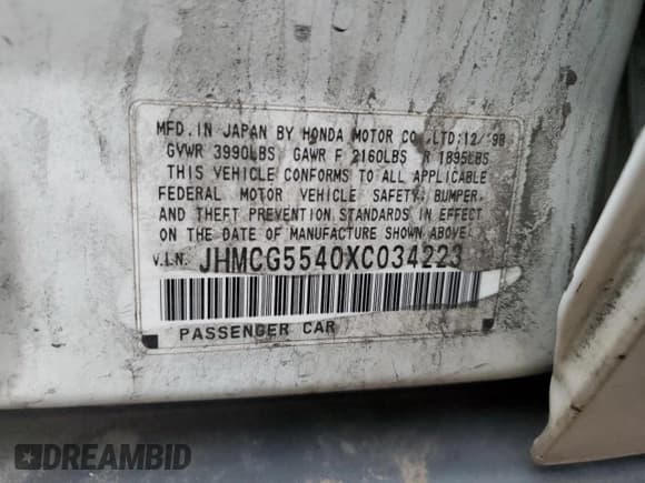 ✅ 1999 Honda Accord LX • VIN: JHMCG5540XC034223 • Lot: 83922254. Listed on Copart with Not provided. Free auction sales archive from the USA and detailed vehicle history report at DreamBid. Image 15.