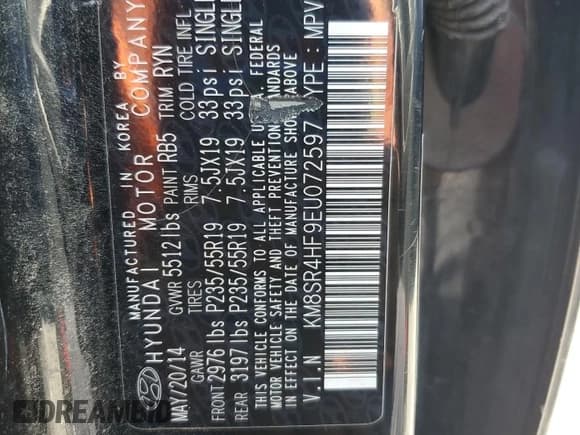 ✅ 2014 Hyundai Santa Fe Limited • VIN: KM8SR4HF9EU072597 • Лот: 58425935. Опубликован ранее на Copart с пробегом 166 027 миль. Бесплатный доступ к архиву аукционных продаж из США и подробный отчёт об истории автомобиля на DreamBid. Изображение 12.