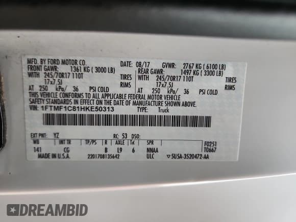 ✅ 2017 Ford F-150 XL • VIN: 1FTMF1C81HKE50313 • Lot: 92701715. Listed on Copart with 96,394 mi. Free auction sales archive from the USA and detailed vehicle history report at DreamBid. Image 12.