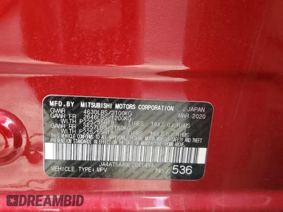 ✅ 2020 Mitsubishi Eclipse Cross SE • VIN: JA4AT5AA9LZ041494 • Lot: 56968765. Listed on Copart with 55,550 mi. Free auction sales archive from the USA and detailed vehicle history report at DreamBid. Image 14.