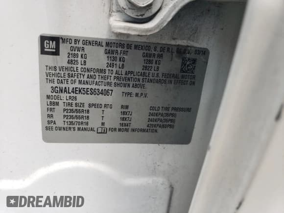 ✅ 2014 Chevrolet Captiva Sport LTZ • VIN: 3GNAL4EK5ES634067 • Лот: 63749975. Опубликован ранее на Copart с пробегом 144 363 миль. Бесплатный доступ к архиву аукционных продаж из США и подробный отчёт об истории автомобиля на DreamBid. Изображение 14.