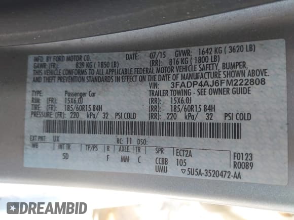 ✅ 2015 Ford Fiesta S • VIN: 3FADP4AJ6FM222808 • Lot: 43751163. Listed on IAAI with 89,330 mi. Free auction sales archive from the USA and detailed vehicle history report at DreamBid. Image 9.