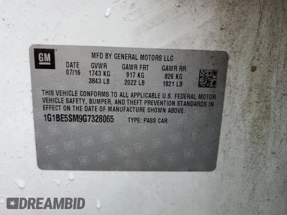 ✅ 2016 Chevrolet Cruze LT • VIN: 1G1BE5SM9G7328065 • Lot: 39818133. Listed on Copart with 80,178 mi. Free auction sales archive from the USA and detailed vehicle history report at DreamBid. Image 13.