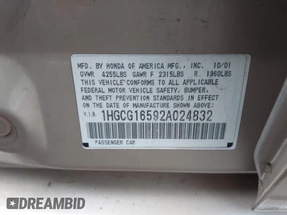 ✅ 2002 Honda Accord EX • VIN: 1HGCG16592A024832 • Lot: 43800406. Listed on IAAI with 193,398 mi. Free auction sales archive from the USA and detailed vehicle history report at DreamBid. Image 9.