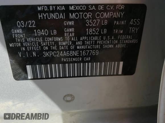 2022 Hyundai Accent SEL с VIN 3KPC24A68NE167769, выставлен на аукционе Copart как лот 48841234 с пробегом 51 900 миль миль и Списание • Salvage title. История ставок и продаж доступна на DreamBid. Изображение 13.