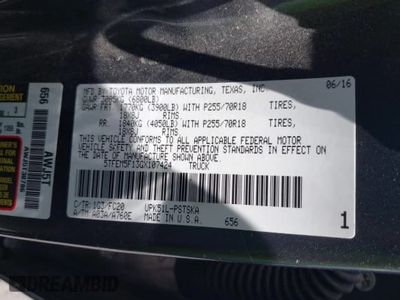 ✅ 2016 Toyota Tundra SR5 • VIN: 5TFEM5F13GX107424 • Lot: 42073037. Listed on IAAI with 88,451 mi. Free auction sales archive from the USA and detailed vehicle history report at DreamBid. Image 9.