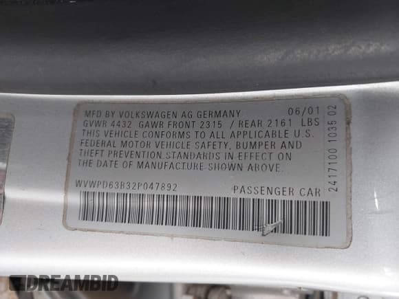 ✅ 2002 Volkswagen Passat GLS • VIN: WVWPD63B32P047892 • Lot: 43182744. Listed on IAAI with 163,621 mi. Free auction sales archive from the USA and detailed vehicle history report at DreamBid. Image 9.