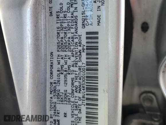 ✅ 2003 Toyota 4Runner SR5 • VIN: JTEBU14R530010017 • Lot: 92874895. Listed on Copart with Not provided. Free auction sales archive from the USA and detailed vehicle history report at DreamBid. Image 13.