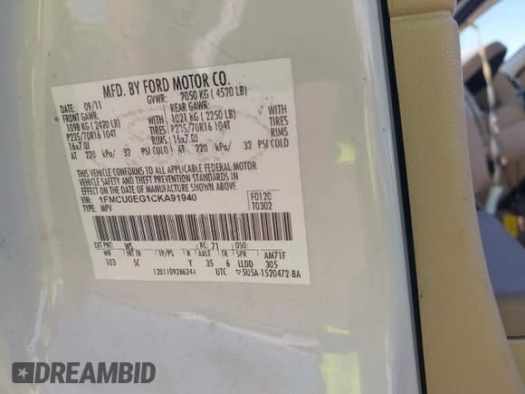 ✅ 2012 Ford Escape Limited • VIN: 1FMCU0EG1CKA91940 • Lot: 43602430. Wystawiony na IAAI z przebiegiem 109 837 mil. Bezpłatny archiwum sprzedaży aukcyjnych z USA i szczegółowy raport historii pojazdu na DreamBid. Zdjęcie 9.