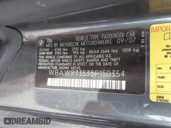 ✅ 2008 BMW 3 Series 328i • VIN: WBAWR33538P150354 • Lot: 43607637. Listed on IAAI with 153,254 mi. Free auction sales archive from the USA and detailed vehicle history report at DreamBid. Image 9.