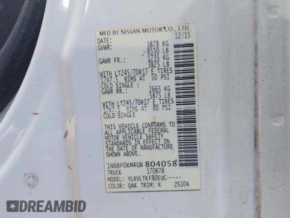 ✅ 2016 Nissan NV S • VIN: 1N6BF0KM4GN804058 • Лот: 41203158. Опубликован ранее на IAAI с пробегом 127 315 миль. Бесплатный доступ к архиву аукционных продаж из США и подробный отчёт об истории автомобиля на DreamBid. Изображение 9.