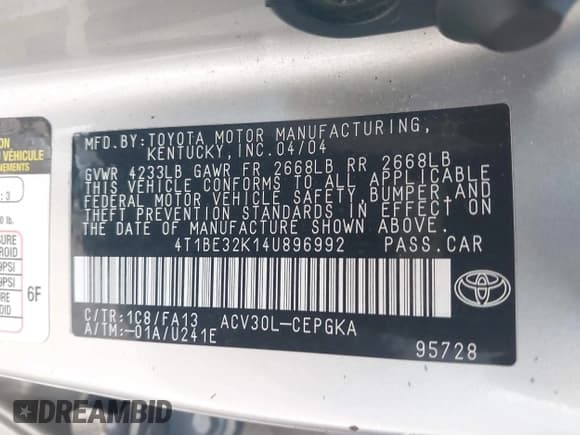 ✅ 2004 Toyota Camry LE • VIN: 4T1BE32K14U896992 • Lot: 42709172. Wystawiony na IAAI z przebiegiem 153 248 mil. Bezpłatny archiwum sprzedaży aukcyjnych z USA i szczegółowy raport historii pojazdu na DreamBid. Zdjęcie 9.