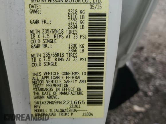 ✅ 2015 Nissan Murano Platinum • VIN: 5N1AZ2MG9FN221665 • Lot: 81493575. Listed on Copart with 88,314 mi. Free auction sales archive from the USA and detailed vehicle history report at DreamBid. Image 14.