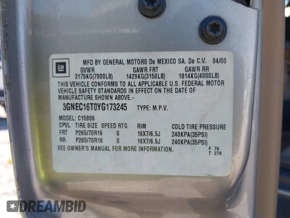 ✅ 2000 Chevrolet Suburban LS • VIN: 3GNEC16T0YG173245 • Лот: 41684543. Опубликован ранее на IAAI с пробегом Не указан. Бесплатный доступ к архиву аукционных продаж из США и подробный отчёт об истории автомобиля на DreamBid. Изображение 9.