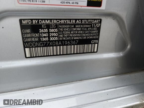 ✅ 2008 Mercedes-Benz S 63 AMG • VIN: WDDNG77X08A196367 • Lot: 71788355. Listed on Copart with Not provided. Free auction sales archive from the USA and detailed vehicle history report at DreamBid. Image 12.