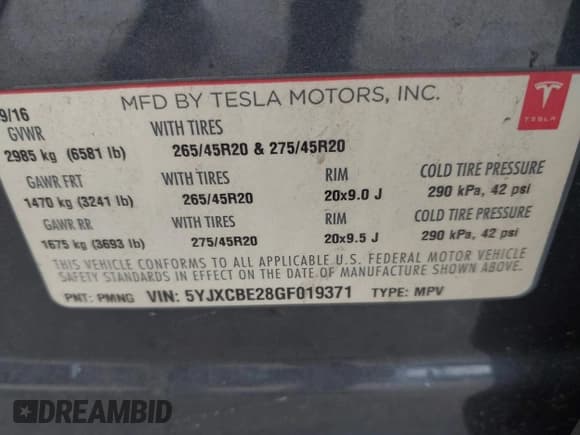 ✅ 2016 Tesla Model X 70D • VIN: 5YJXCBE28GF019371 • Lot: 42444782. Listed on IAAI with 69,612 mi. Free auction sales archive from the USA and detailed vehicle history report at DreamBid. Image 9.