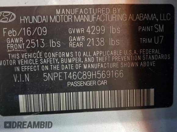 2009 Hyundai Sonata GLS with VIN 5NPET46C89H569166, listed as a Copart auction lot 72465764 with 203,023 mi miles and Salvage title. Bid and sale history available at DreamBid. Image 13.
