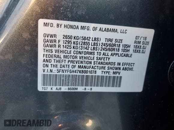 ✅ 2019 Honda Pilot EX-L • VIN: 5FNYF6H47KB001078 • Lot: 82358405. Listed on Copart with 135,104 mi. Free auction sales archive from the USA and detailed vehicle history report at DreamBid. Image 14.