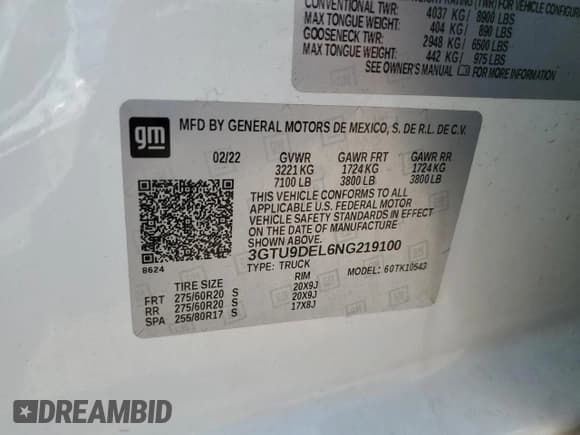 ✅ 2022 GMC Sierra 1500 SLT • VIN: 3GTU9DEL6NG219100 • Лот: 86898475. Опубликован ранее на Copart с пробегом 58 295 миль. Бесплатный доступ к архиву аукционных продаж из США и подробный отчёт об истории автомобиля на DreamBid. Изображение 12.