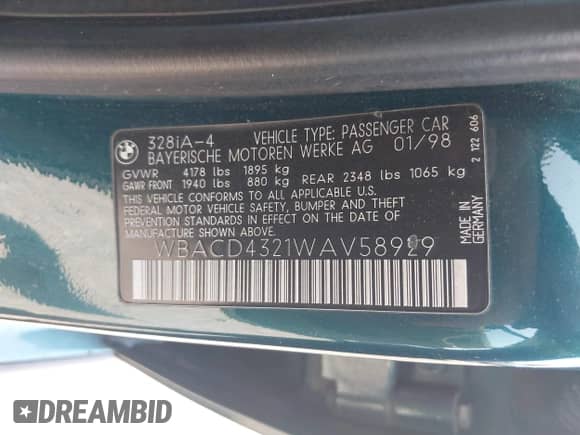 1998 BMW 3 Series 328i with VIN WBACD4321WAV58929, listed as a IAAI auction lot 42423950 with Not provided miles and . Bid and sale history available at DreamBid. Image 9.