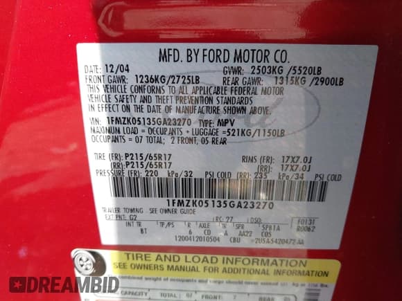 ✅ 2005 Ford Freestyle SEL • VIN: 1FMZK05135GA23270 • Лот: 42388384. Опубликован ранее на IAAI с пробегом 91 559 миль. Бесплатный доступ к архиву аукционных продаж из США и подробный отчёт об истории автомобиля на DreamBid. Изображение 9.