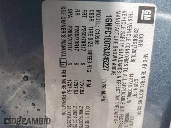 2008 Chevrolet Suburban LT с VIN 1GNFC16078J245227, выставлен на аукционе Copart как лот 72221724 с пробегом 169 519 миль миль и Списание • Salvage title. История ставок и продаж доступна на DreamBid. Изображение 13.