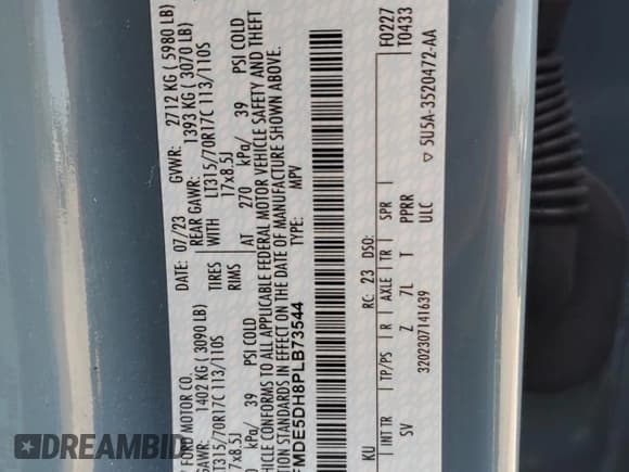 ✅ 2023 Ford Bronco • VIN: 1FMDE5DH8PLB73544 • Лот: 57086695. Опубликован ранее на Copart с пробегом 12 412 миль. Бесплатный доступ к архиву аукционных продаж из США и подробный отчёт об истории автомобиля на DreamBid. Изображение 12.