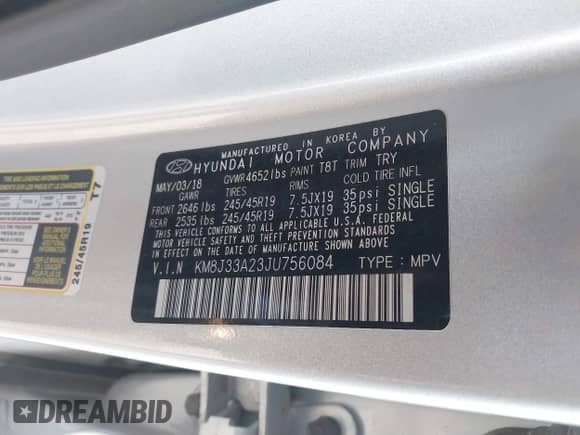 2018 Hyundai Tucson Limited with VIN KM8J33A23JU756084, listed as a IAAI auction lot 41107627 with Not provided miles and . Bid and sale history available at DreamBid. Image 9.