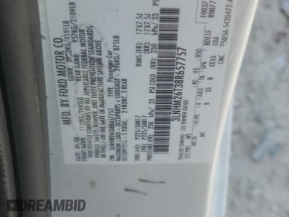 ✅ 2008 Lincoln MKZ • VIN: 3LNHM26T38R657757 • Лот: 81018065. Опубликован ранее на Copart с пробегом 101 501 миль. Бесплатный доступ к архиву аукционных продаж из США и подробный отчёт об истории автомобиля на DreamBid. Изображение 12.