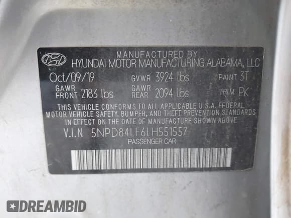 ✅ 2020 Hyundai Elantra SEL • VIN: 5NPD84LF6LH551557 • Lot: 43596930. Listed on IAAI with 103,939 mi. Free auction sales archive from the USA and detailed vehicle history report at DreamBid. Image 9.