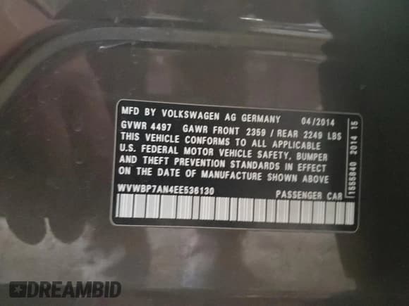 ✅ 2014 Volkswagen CC Sport • VIN: WVWBP7AN4EE536130 • Lot: 92249135. Listed on Copart with 164,685 mi. Free auction sales archive from the USA and detailed vehicle history report at DreamBid. Image 12.