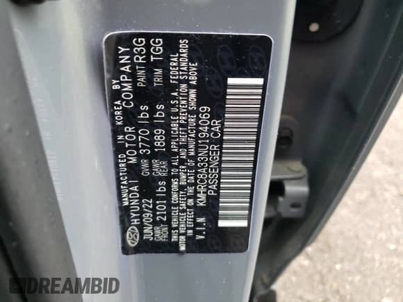 2022 Hyundai Venue SEL with VIN KMHRC8A33NU194069, listed as a Copart auction lot 72498854 with 17,268 mi miles and Salvage title. Bid and sale history available at DreamBid. Image 14.