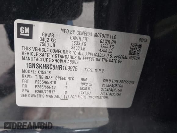 ✅ 2017 Chevrolet Suburban LT • VIN: 1GNSKHKC8HR109975 • Lot: 43490894. Listed on IAAI with 258,924 mi. Free auction sales archive from the USA and detailed vehicle history report at DreamBid. Image 9.