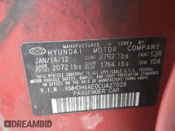 2012 Hyundai Elantra GLS with VIN KMHDH4AE0CU427828, listed as a Copart auction lot 82284695 with 190,889 mi miles and Clean title. Bid and sale history available at DreamBid. Image 12.