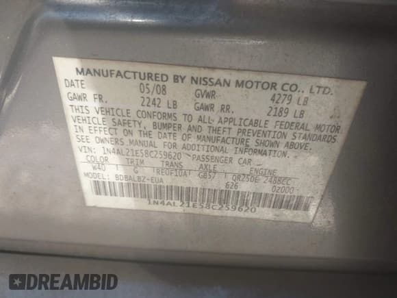 ✅ 2008 Nissan Altima S • VIN: 1N4AL21E58C259620 • Lot: 43190106. Listed on IAAI with 236,419 mi. Free auction sales archive from the USA and detailed vehicle history report at DreamBid. Image 9.