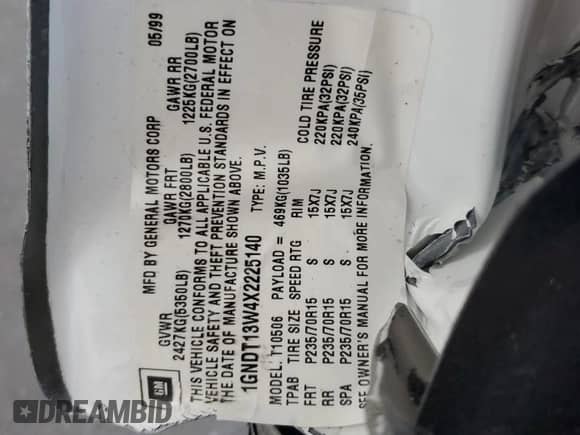 1999 Chevrolet Blazer LT с VIN 1GNDT13W4X2225140, выставлен на аукционе Copart как лот 64834825 с пробегом Не указан миль и На запчасти • Non repairable. История ставок и продаж доступна на DreamBid. Изображение 13.