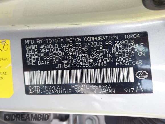 ✅ 2005 Lexus ES 350 • VIN: JTHBA30G755078448 • Lot: 42455620. Listed on IAAI with 210,128 mi. Free auction sales archive from the USA and detailed vehicle history report at DreamBid. Image 9.