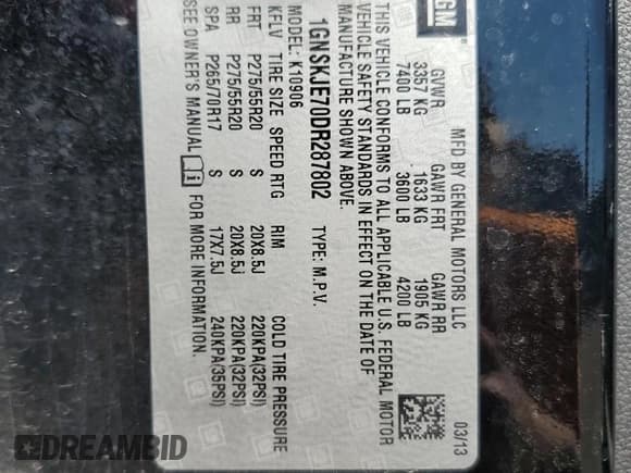 ✅ 2013 Chevrolet Suburban LT • VIN: 1GNSKJE70DR287802 • Lot: 81773405. Listed on Copart with 122,377 mi. Free auction sales archive from the USA and detailed vehicle history report at DreamBid. Image 14.