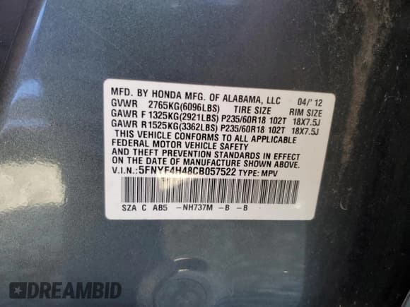 ✅ 2012 Honda Pilot EX • VIN: 5FNYF4H48CB057522 • Lot: 92809255. Listed on Copart with 91,035 mi. Free auction sales archive from the USA and detailed vehicle history report at DreamBid. Image 14.