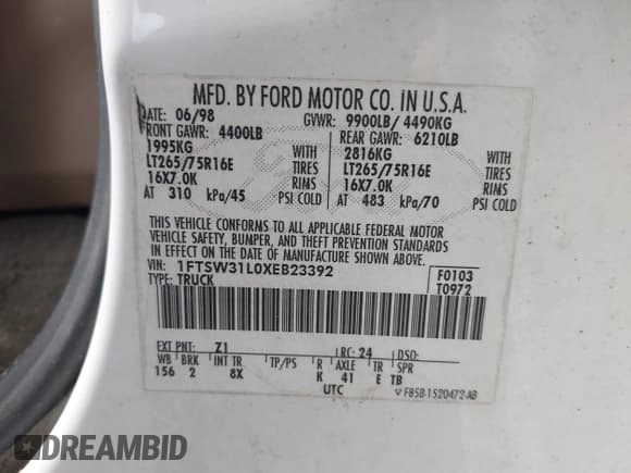 ✅ 1999 Ford F-350 XL • VIN: 1FTSW31L0XEB23392 • Lot: 42819533. Listed on IAAI with 261,153 mi. Free auction sales archive from the USA and detailed vehicle history report at DreamBid. Image 9.