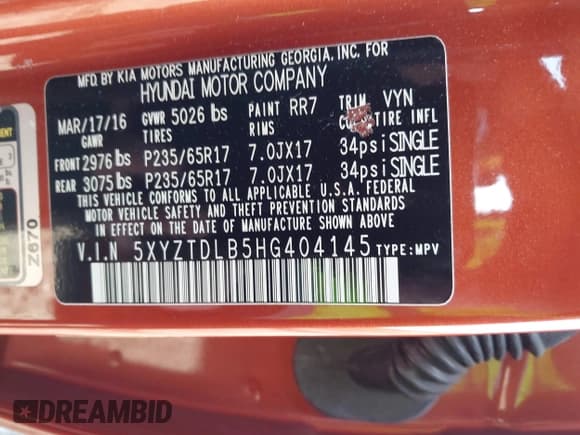 ✅ 2017 Hyundai Santa Fe 2.4L • VIN: 5XYZTDLB5HG404145 • Lot: 43653936. Listed on IAAI with 86,009 mi. Free auction sales archive from the USA and detailed vehicle history report at DreamBid. Image 9.