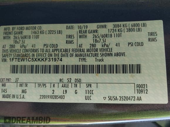 ✅ 2019 Ford F-150 XL • VIN: 1FTEW1C5XKKF31974 • Lot: 42465378. Listed on IAAI with 62,217 mi. Free auction sales archive from the USA and detailed vehicle history report at DreamBid. Image 9.