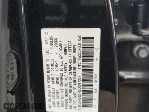 ✅ 2012 Acura TSX • VIN: JH4CU2F45CC017367 • Lot: 89507335. Listed on Copart with 151,694 mi. Free auction sales archive from the USA and detailed vehicle history report at DreamBid. Image 13.