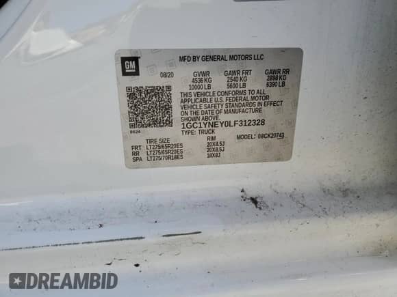 2020 Chevrolet Silverado 2500HD LT с VIN 1GC1YNEY0LF312328, выставлен на аукционе Copart как лот 84876165 с пробегом 84 905 миль миль и Списание • Salvage title. История ставок и продаж доступна на DreamBid. Изображение 12.