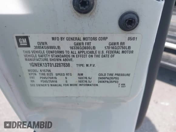 2001 Chevrolet Tahoe LT с VIN 1GNEK13T01J287838, выставлен на аукционе IAAI как лот 42525773 с пробегом 145 730 миль миль и . История ставок и продаж доступна на DreamBid. Изображение 9.