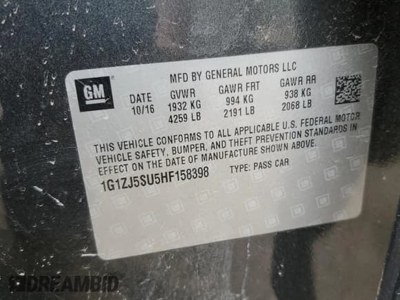 ✅ 2017 Chevrolet Malibu Hybrid • VIN: 1G1ZJ5SU5HF158398 • Lot: 62639195. Listed on Copart with 108,500 mi. Free auction sales archive from the USA and detailed vehicle history report at DreamBid. Image 12.