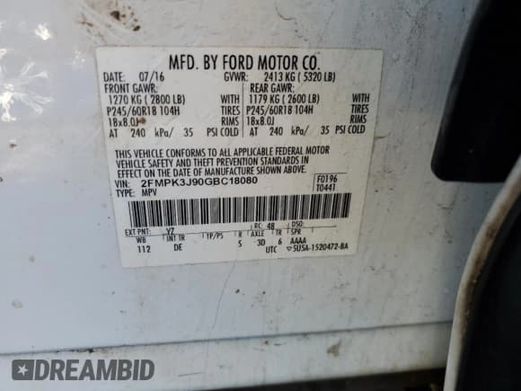 ✅ 2016 Ford Edge SEL • VIN: 2FMPK3J90GBC18080 • Лот: 92573125. Опубликован ранее на Copart с пробегом 158 833 миль. Бесплатный доступ к архиву аукционных продаж из США и подробный отчёт об истории автомобиля на DreamBid. Изображение 12.