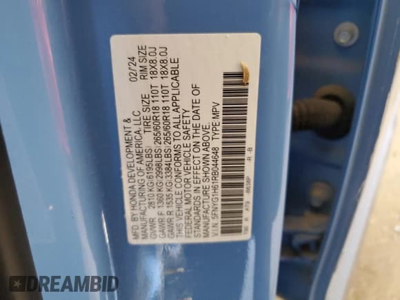 ✅ 2024 Honda Pilot TrailSport • VIN: 5FNYG1H61RB044648 • Lot: 92027485. Listed on Copart with 30,480 mi. Free auction sales archive from the USA and detailed vehicle history report at DreamBid. Image 13.