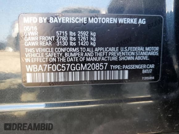 ✅ 2016 BMW 7 Series 750i • VIN: WBA7F0C57GGM20857 • Lot: 61143845. Listed on Copart with 141,313 mi. Free auction sales archive from the USA and detailed vehicle history report at DreamBid. Image 12.